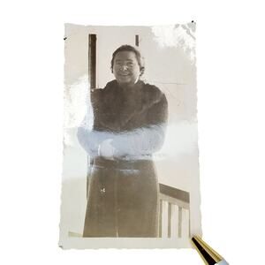 Vtg Pretty Older Lady Posing on Porch Original Monochrome Photography Found